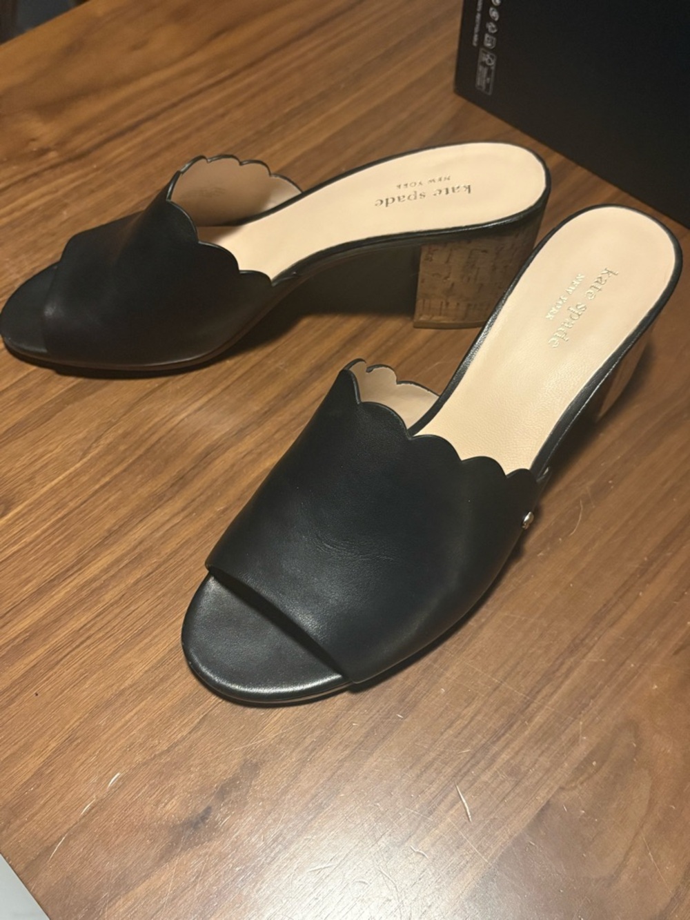 kate spade Black Scallop Leather Block Heel Mules